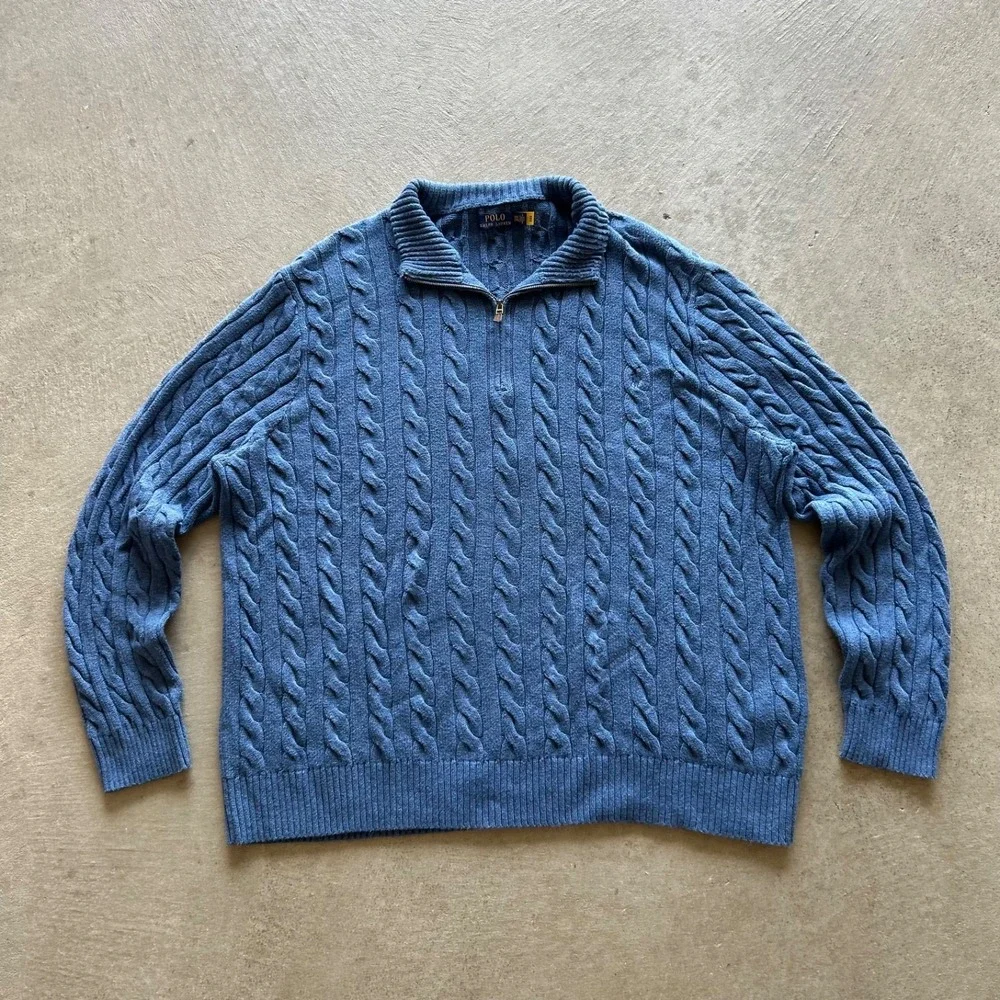 Polo Ralph Lauren 1/4 Zip Sweater Size 3XLT Big & Tall Blue Cable Knit Pullover